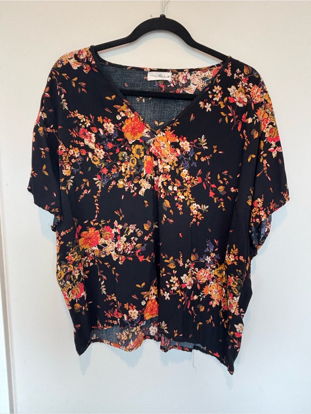 NATURAL LIFE Black V-Neck Blouse with Orange & Pink Floral Print